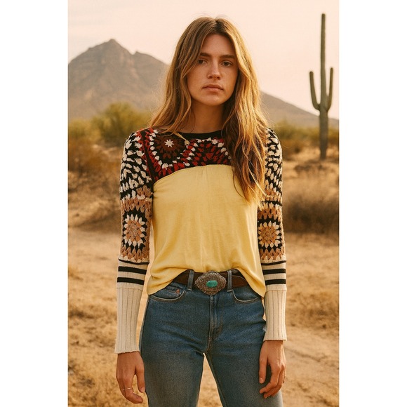 Free People We The Free Granny Square Crochet Top Womens XS Yellow Bohemian Knit